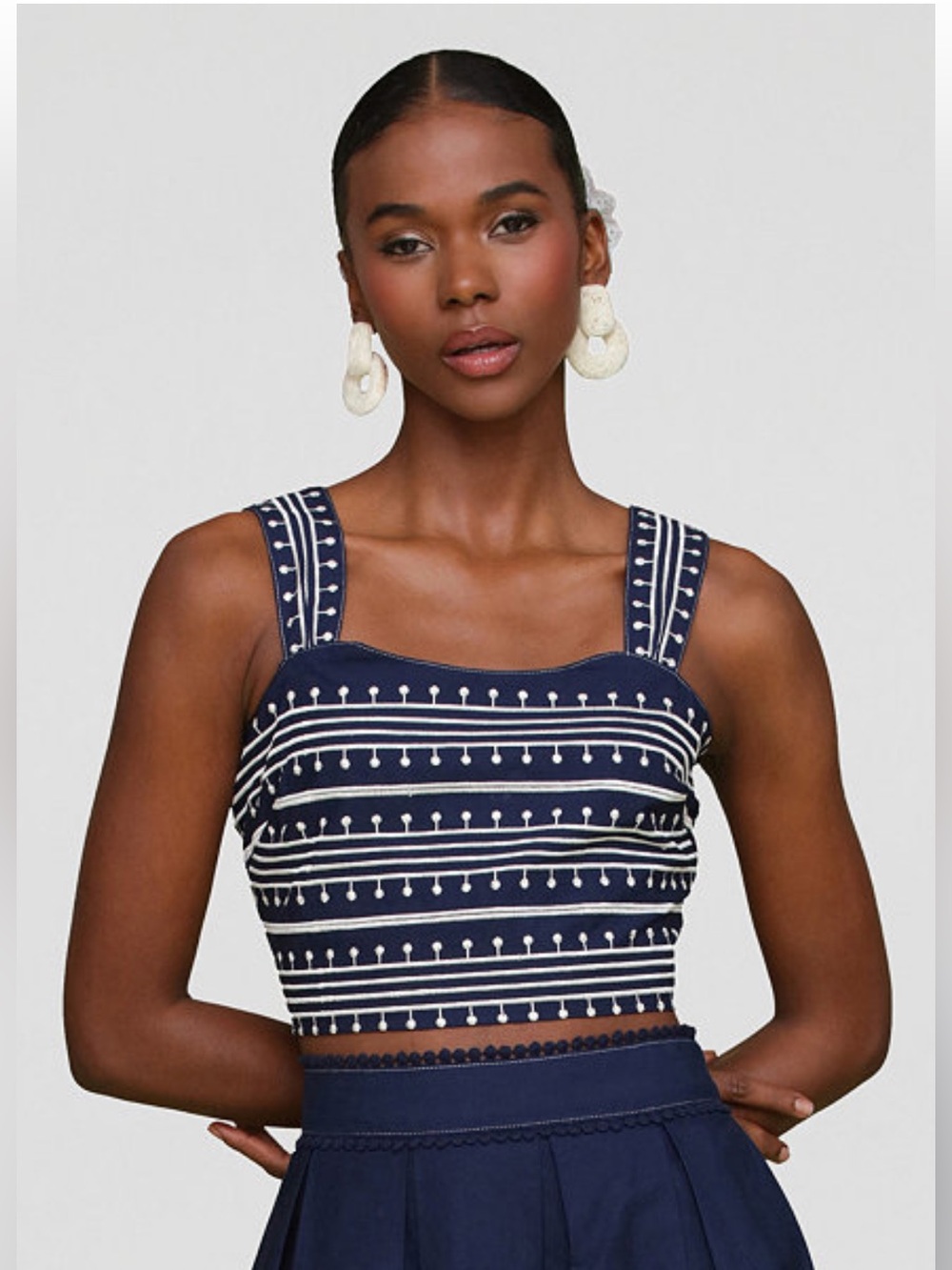 Avec Les Filles Navy White Embroidered Cotton Crop Top XS NWT